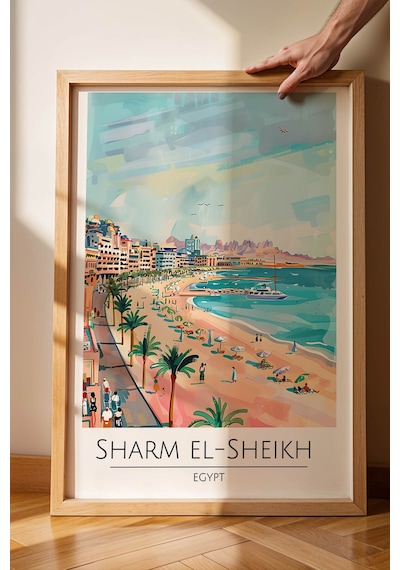 Mısır Sharm El-sheikh Temalı Çerçeveli Tablo Travel Serisi Modern İllüstrasyon Duvar Dekoru Kayın