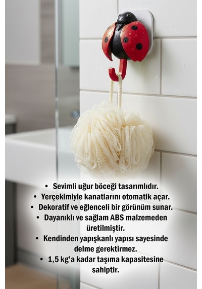 Uğur Böceği Tasarımlı Yapışkanlı Duvar Askısı Çanta Havlu Anahtar Askılık Diğer