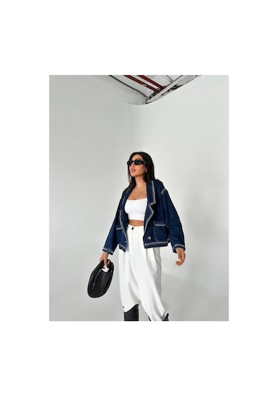 Zdnjeans Kadın Droplu Detaylı Denim Ceket Blazer Yaka, Cep Detaylı Koyu Mavi