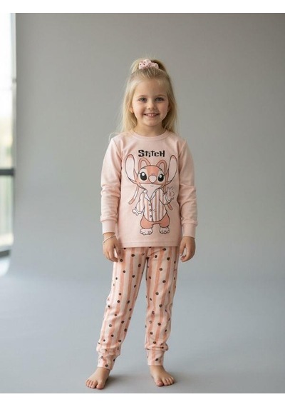 Kız Çocuk Pamuklu Karakter Baskılı Pijama Takımı-16827 Pudra