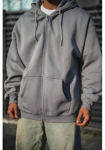 Efnaz Style Oversize Tam Fermuarlı Uzun Kol Hırka - Gri
