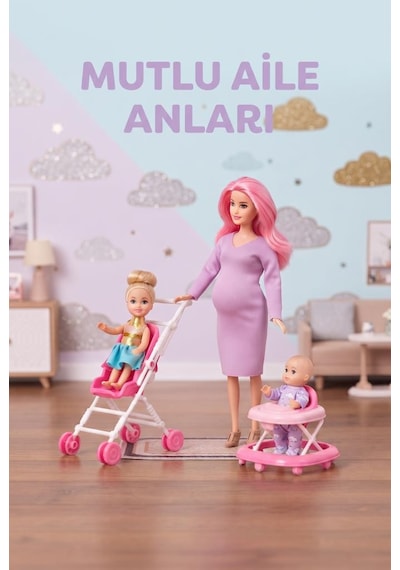 Hamile Anne Ve Bebekleri 3 Bebekli Dönen Karınlı Haraketli Eklemli Aksesuarlı Oyuncak Bebek Seti Pembe