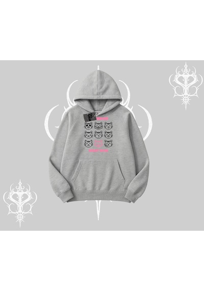 My Mood Right Now Yazılı Sevimli Kedi Kapşonlu Sweatshirt Gri