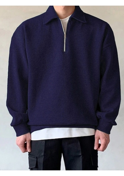 Genius Store Genıus Store Erkek Polo Yaka Oversize Sweatshirt Yarım Fermuar Sweatshirt Oversıze-sweatshırt Lacivert