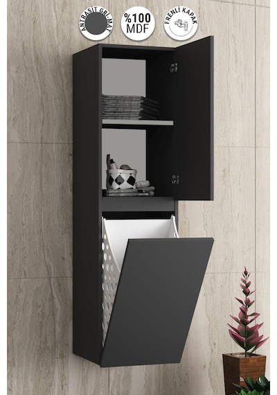 Yıldız 35 130 Cm Antrasit Gri Mat Mdf Sepetli Asma Banyo Boy Dolabı