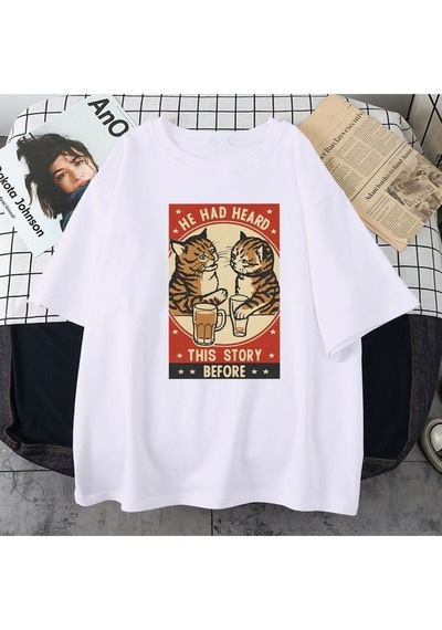 Flood Of Style Erkek Beyaz He Had Heard Baskılı Oversize Bisiklet Yaka Tshirt