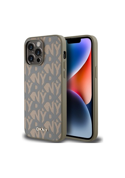 Apple Uyumlu iPhone 14 Pro Max Kılıf Dkny Lisanslı Magsafe Şarj Özellikli 3d Yazılı Grid Pattern Kapak Kahverengi