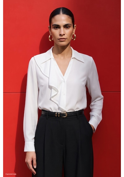 Sateen Fırfır Ve Aksesuar Detaylı Gömlek - Ekru-137870
