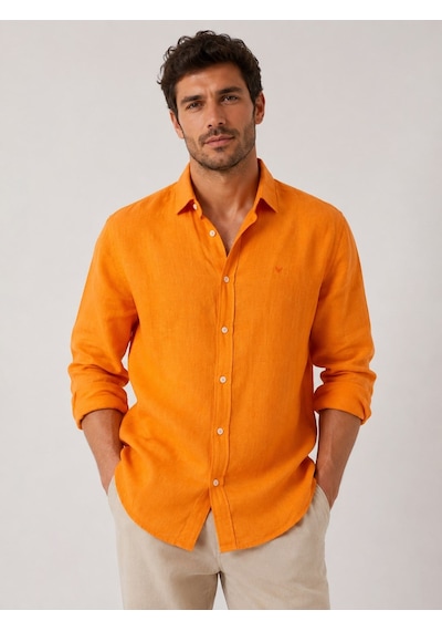 Slim Fit Uzun Kol %100 Keten Nefes Alabilen Kumaştan Hediye Kutulu Erkek Gömlek Fs-004170 - Turuncu-3263
