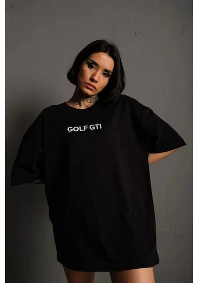 Twingold Kadın Oversize Baskılı Tişört Golf Gtı Retro Araba Desenli, Ön & Arka Dijital Baskı, Sokak Modası SIYAH