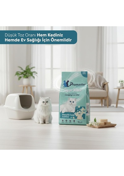 Süper Beyaz Doğal Bentonit Topaklanan Kedi Kumu Marsilya Sabunu Kokulu 5 Lt