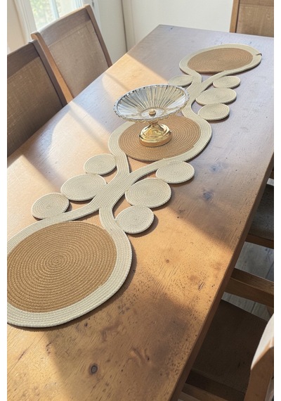 Jüt Hasır Doğal Boho Görünümlü Krem Bej 30x100 Cm Runner Amerikan Servis Masa Dekoru Krem-bej Krem-bej