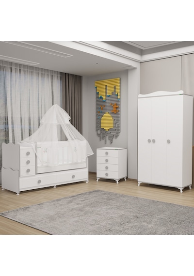 Melina Yıldız 3 Kapaklı Bebek Odası + Yatak + Uyku Seti - Gri Beyaz