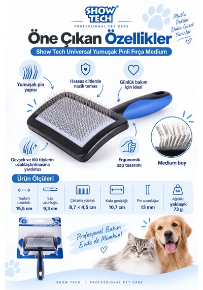 Showtech Universal Yumuşak Pinli Kedi Köpek Hassas Tarama Fırçası Orta Boy