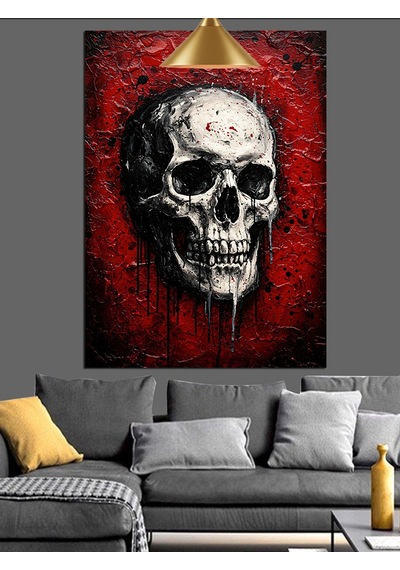Kırmızı Çerçeve İçinde Kuru Kafa Figürü Dekoratif Kanvas - Mdf Ahşap Tablo