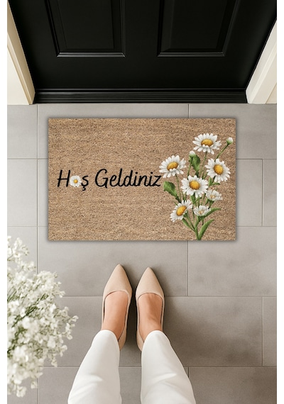 Rugmood Modern Dijtal Baskı Hoşgeldiniz Papatyalı Kapı Önü Paspası Çok Renkli