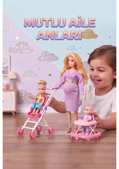 Hamile Anne Ve Bebekleri 3 Bebekli Dönen Karınlı Haraketli Eklemli Aksesuarlı Oyuncak Bebek Seti Sarı