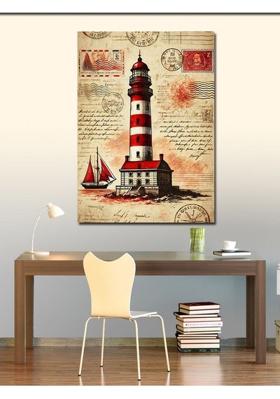 Kanvas Tablo Deniz Feneri Ve Kırmızı Yelkenli 70cmx100cm