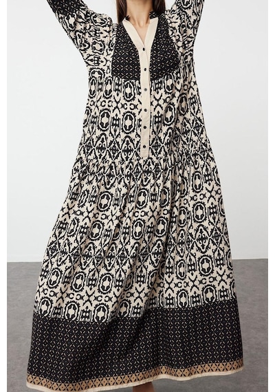 Ersefa Moda Rahat Casual Günlük Shally Dokuma Hakim Yaka Uzun Kol A-line Siyah