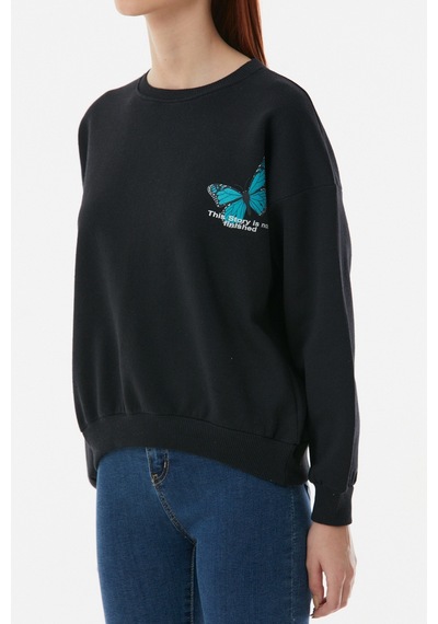 Fullamoda Kelebek Baskılı Oversize Sweatshirt- Siyah 24KGB890189618-Siyah