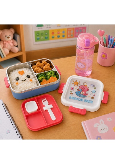 3 Bölmeli Paslanmaz Çelik Çocuk Beslenme Kabı, Kilitli Lunch Box,kırmızı Çok Renkli