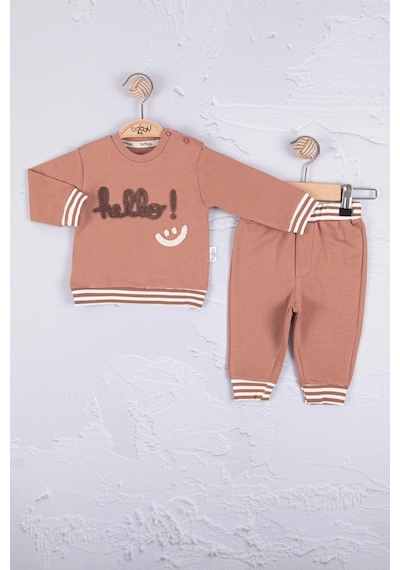 Babydonat Hello Nakışlı % 100 Pamuk 2'li Erkek Bebek Takımım Kahverengi