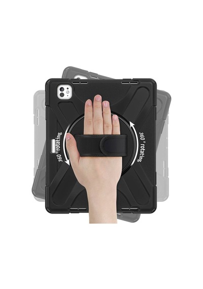 İpad Pro 13 2024 M4 A2925-a2926-a3007 Uyumlu El Askılı El Tutmalı Defender Standlı Tablet Kılıfı - Siyah - T33043
