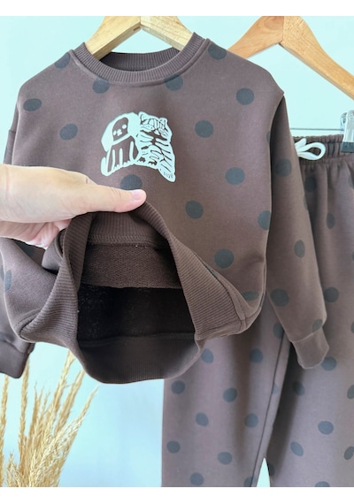 Magu Çocuk Pamuklu Baskılı Kahverengi Puantiyeli Sweatshirt Ve Eşofman Takımı