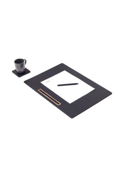 Turgut Office Deri Toplantı Sümeni Düz Siyah Yatay Ahşap Detaylı 49 x 34cm