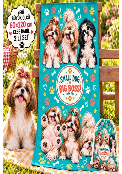 Kedi & Köpek Kurulama Havluları Shih Tzu - Köpek Desenli Büyük Boy Hızlı Kuruyan 60x120cm