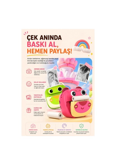 Robeve Anında Termal Baskılı 20 Mp 2.0 Hd Ekranlı Type-c Şarjlı Çocuk Fotoğraf Makinesi