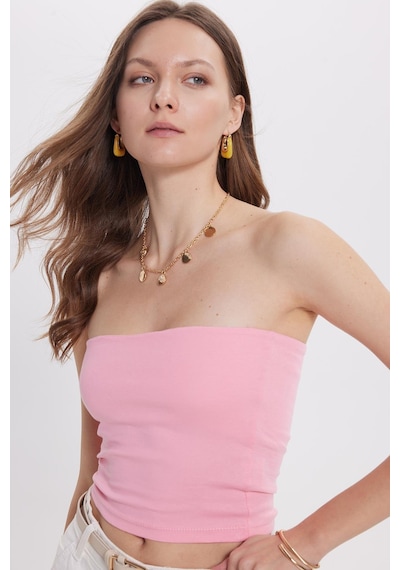 Tudors Kadın Slim Fit Dar Kesim Pamuklu Straplez Pembe Bluz-38845 Pembe