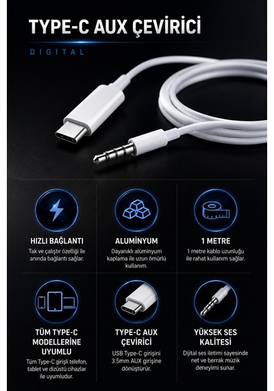 Metaforce Type C Aux Çevirici 1 Metre Dijital Ses Adaptörü 3.5mm Jack Alüminyum Gövde Type C To Aux Kablo