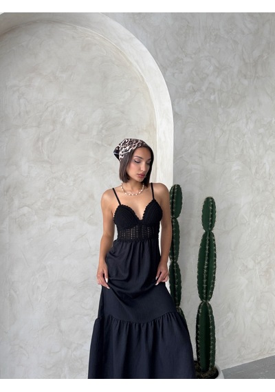 Verymoda Keten Görünümlü Askılı V Yaka Boydan Elbise I D2328 D2328 Siyah