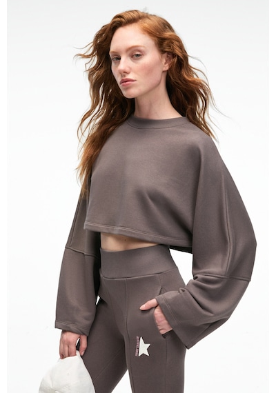 Grimelange ANOUK Kadın Pamuklu Baskı Ve Patch Detaylı Bisiklet Yaka Crop Antrasit Sweatshirt