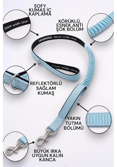 Tr Köpek Gezdirme Tasması, Mavi, 120-150 Cm Uzunluk, 2,5 Cm Genişlik, Körüklü Anti Şok Bölüm, Reflektörlü Kum Genel