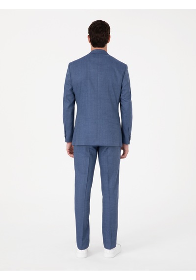 Cacharel İndigo Slim Fit Keten Yün Karışımlı Mikro Desen Mono Yaka Takım Elbise Mavi