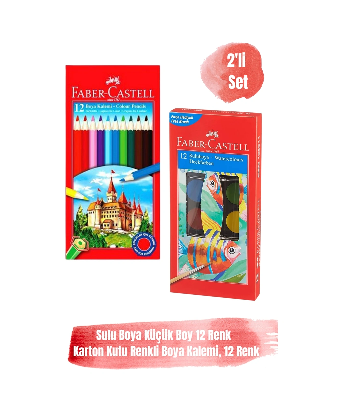 12 Renk Karton Kutu Kuru Boya Kalemi Ve 12 Renk Küçük Boy Sulu Boya Fırçalı 2'li Set