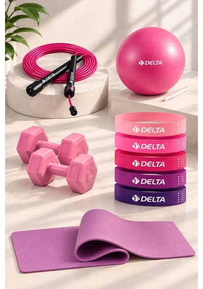 Pilates Egzersiz Seti 6 Mm Mat 5 Li Lateks Direnç Bandı 20 Cm Top Atlama İpi 1 Kg X2 Dambıl Pembe