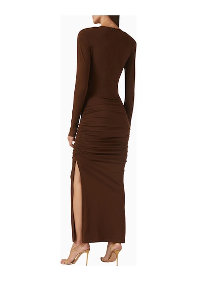 Rowen Rose Draped Slit Maxi Dress, Lüks Drapeli Ve Yırtmaçlı Uzun Elbise Abiye Kahverengi 34