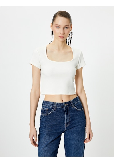 Koton Sırt Dekolteli Tişört Crop Kısa Kollu Fitilli Slim Fit Ekru 4sal10804ık Ekru