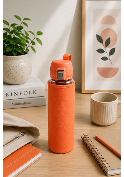 H2o Pastel Renk Kılıflı Kilit Kapaklı 500 Ml Cam Matara Sızdırmaz Ofis Ve Spor İçin Koruyucu Kılıflı Cam Suluk Turuncu