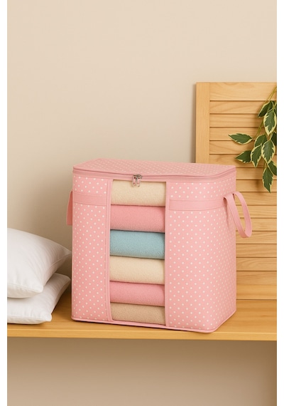 Serstil Pencereli Saklama Çantası Yorgan Battaniye Saklama Hurcu 50 X 45 X 30 Cm - Pembe Benekli Pembe Puantiye