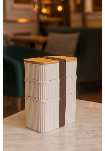 Makri Home 3'lü Bambu Kapaklı Saklama Kabı Seti 1l + 0,5l + 0,5l, Üst Üste Yerleştirilebilir, 21 Cm Yükseklik Krem