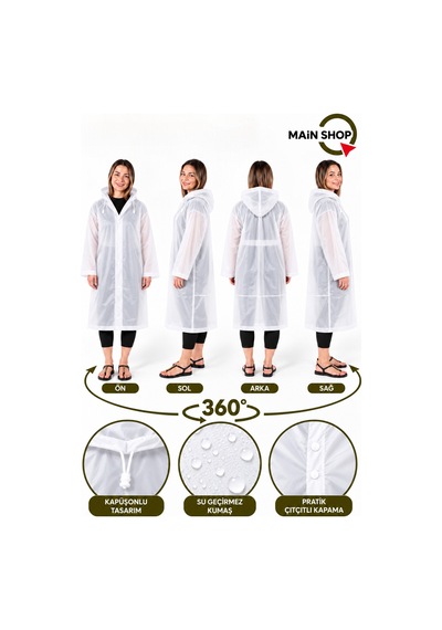 Mainshop Unisex Yağmurluk Kapüşonlu Çıtçıtlı Su Geçirmez Uzun Yağmurluk Kadın Erkek Beyaz
