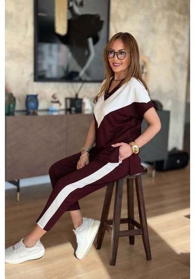 Alyn Wear Kadın Kısa Kollu V Yakalı Çift Renkli Viskon Iki Iplik Ikili Bluz Ve Pantolon Takım Bordo Alyn Wear Kadın Kısa Kollu V Yakalı Çift Renkli Viskon Iki Iplik Ikili Bluz Ve Pantolon Takım Bordo