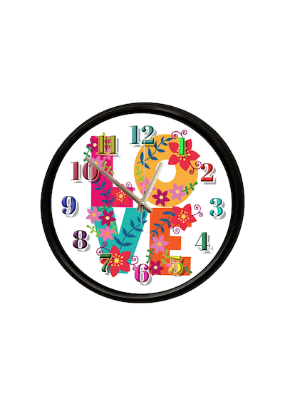 Çiçekli Love Yazılı Dekoratif Duvar Saati 28 Cm Sessiz Mekanizma Çok Renkli