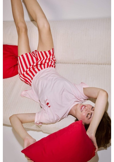 Defacto Regular Fıt Şortlu Kısa Kollu Baskılı 2li Pijama Takımı H7408ax26hsrd197 Kırmızı-rd197