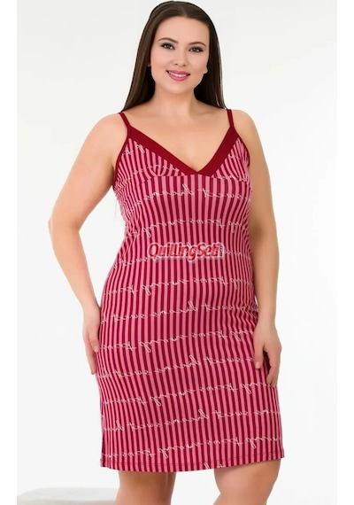 Lady Bordo Renk Ve Beyaz Çizgili Desen Kadın Askılı Kol Büyük Beden Anne Tunik Gecelik - 8730