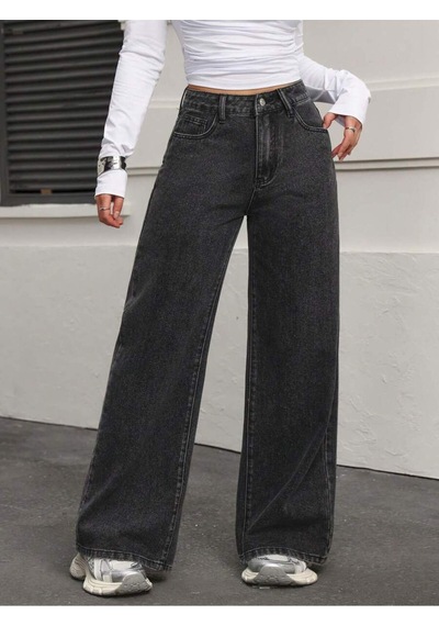 Koyu Füme Palazzo Pantolon Wide Leg Yüksek Bel Denim Jeans Gri